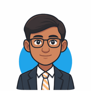Cartoon character wearing glasses and a suit with an orange tie against a blue background.