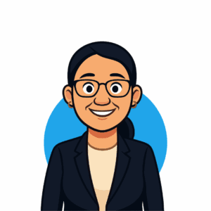Illustration of a smiling woman with glasses and black hair, wearing a blazer and a light top.