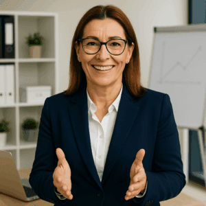 Smiling woman in a blue suit with glasses gesturing in a modern office setting.