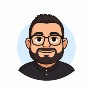 Cartoon character of a man with glasses and a beard, wearing a black shirt against a light blue background.
