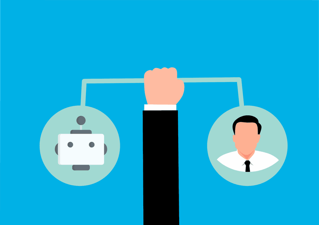 A hand holding a bar with a robot icon on one side and a human figure on the other side.