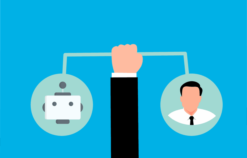 A hand holding a bar with a robot icon on one side and a human figure on the other side.
