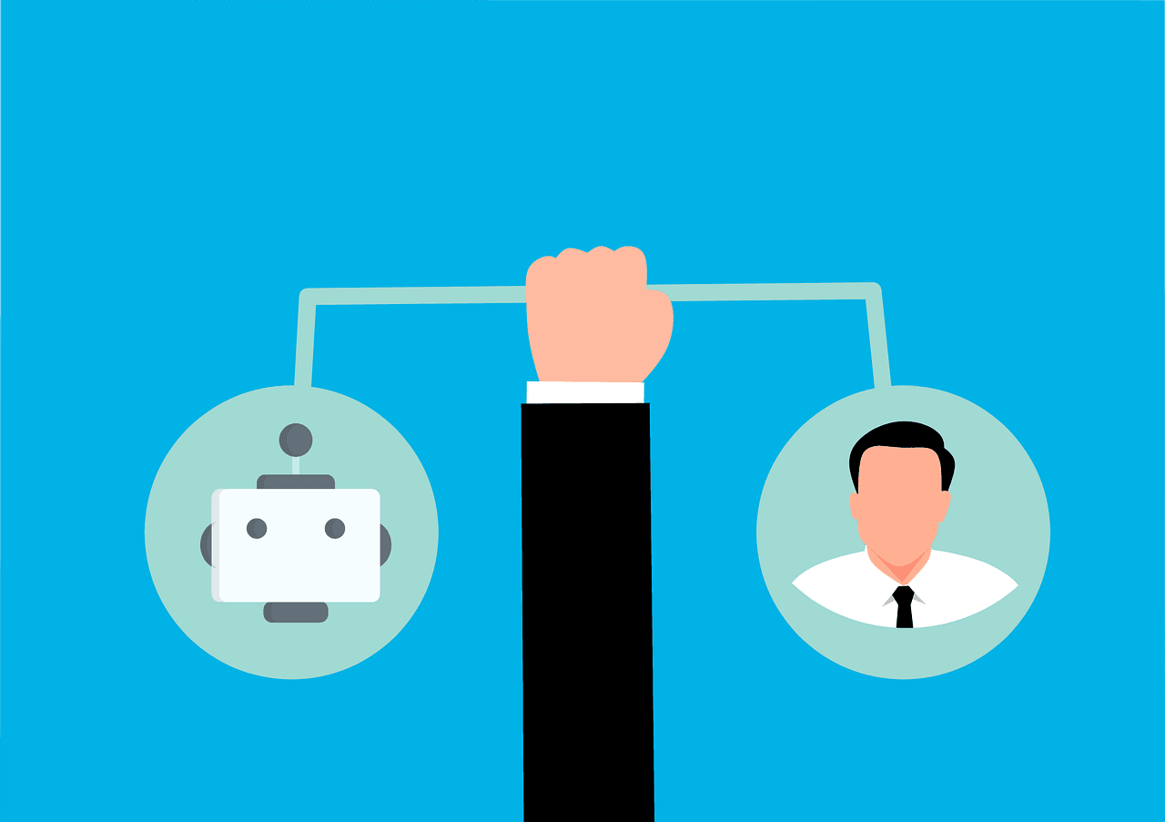 A hand holding a bar with a robot icon on one side and a human figure on the other side.