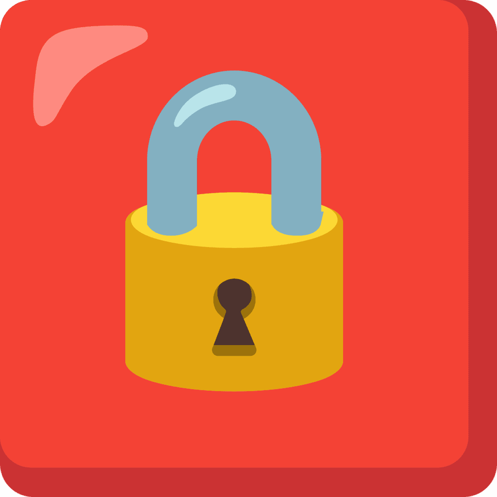 A graphic representation of a yellow padlock with a blue shackle on a red background.