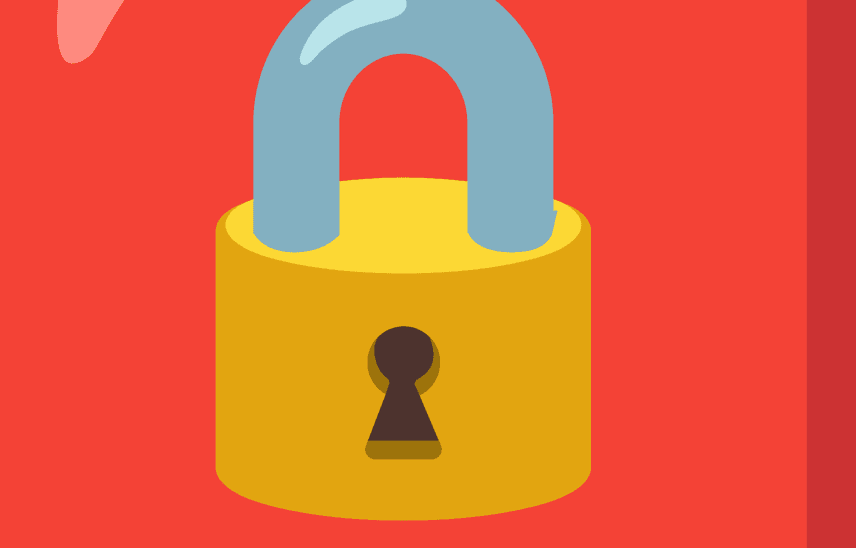 A graphic representation of a yellow padlock with a blue shackle on a red background.