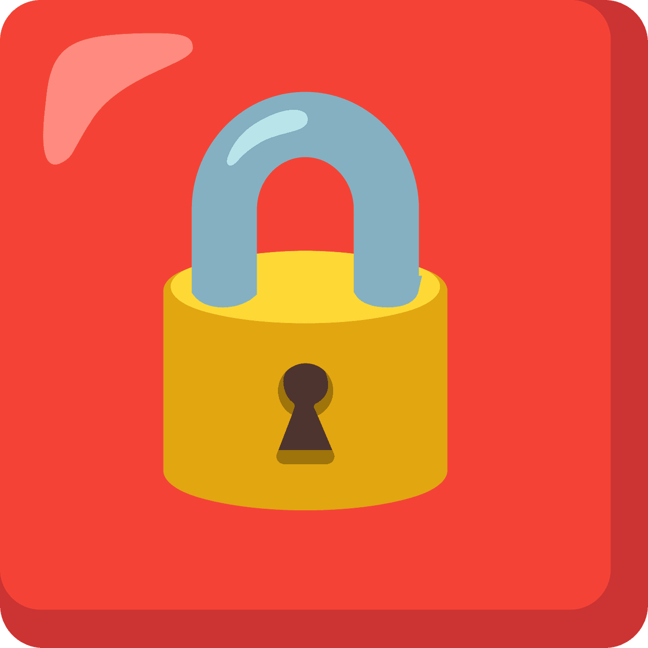 A graphic representation of a yellow padlock with a blue shackle on a red background.