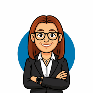 Cartoon character with brown hair, glasses, and a black suit, smiling with arms crossed.