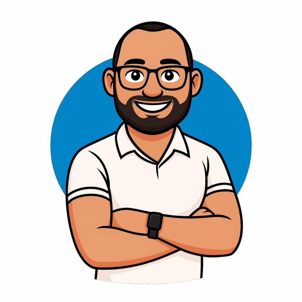 Cartoon illustration of a smiling man with glasses and a beard wearing a white shirt.
