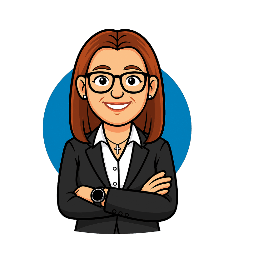 Cartoon character with brown hair and glasses wearing a black suit and white shirt, arms crossed.