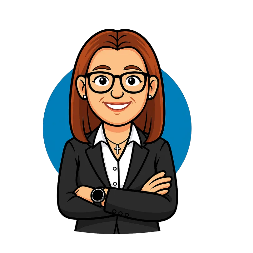 Cartoon character with brown hair and glasses wearing a black suit and white shirt, arms crossed.